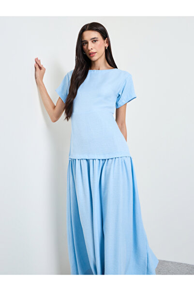 Styli Blue Solid Drop Waist A-Line Maxi Dress