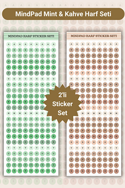 Mindpad 2'li Mint ve Kahve Harf Sticker Seti, Yuvarlak Alfabe Etiketi, Scrapb...
