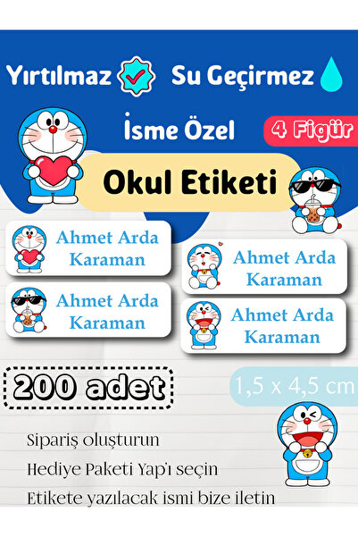 GÖKÇETasarım *ROZET HEDİYELİ* Doraemon Temalı İsme Özel Okul Etiketi / Kırtas...