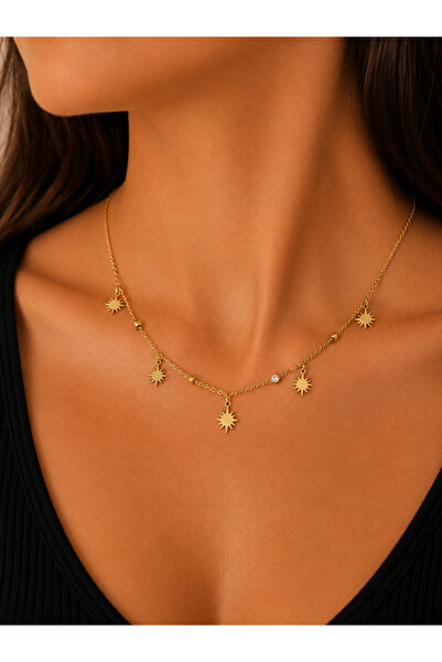 Bymiel Women's Gold Sun Figured Zircon Stone Detailed Stainless Steel Necklace