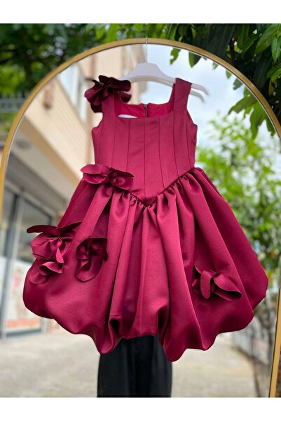 Kız Çocuk Bordo Balon Model Çiçek Detaylı Doğum Günü Abiye Elbise