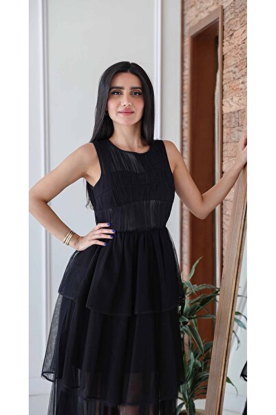 2TRENDY فستان نسائي ميدي أسود بطبقات شيفون بدون أكمام