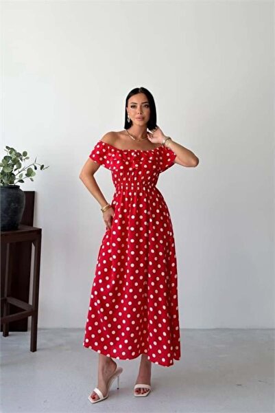 Dipmoda Women's Red Madonna Collar Ruffle Detailed Patterned Midi Length Dres...