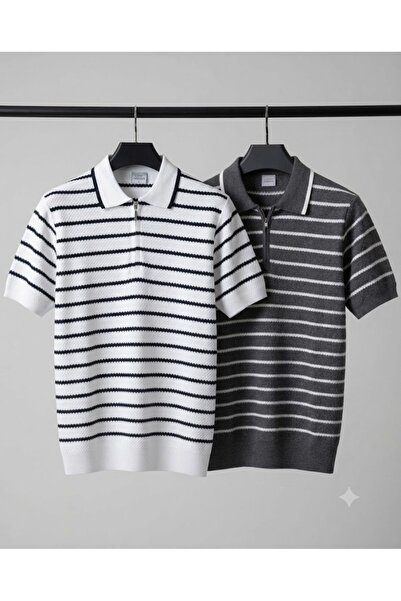 zs zaos fashion Σετ 2 ανδρικών κοντομάνικων ριγέ πλεκτών μπλουζών καλοκαιρινώ...