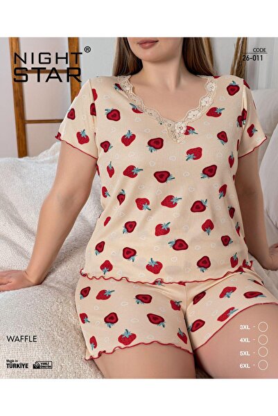 Night Star Waffle Çilek Desenli Büyük Beden Şort Pijama Takımı
