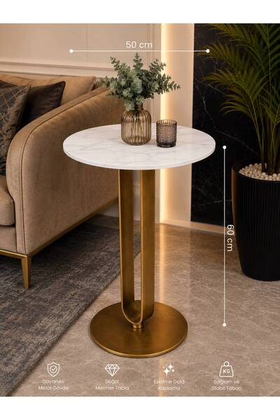 electropad Premium Lüks Eskitme Gold Metal Sehpa -Beyaz Doğal Mermer Üst Tabl...