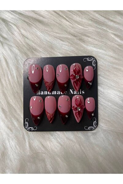 Shades On Nails Handmade Press-On Nails Set - Deep Red French Tip & 3D Flower...