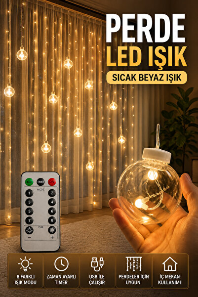 Arfseb Perde LED Işık Kumandalı Ve USB Bağlantılı 3 Metre 12 Toplu 8 Modlu Sı...