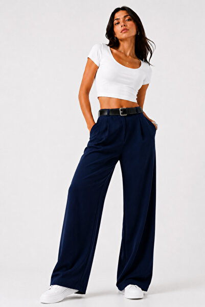 LAVİNİM Women's Pearl Palazzo Oversize Wide Cut Flowy Lycra Pants with Belt
