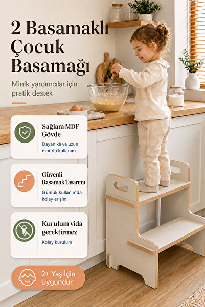 Babylike 2 Basamaklı Ahşap Bebek Çocuk Basamağı – Güvenli, Sağlam ve Vidasız ...