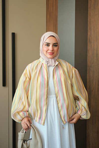 LOCCO Women's Colorful Patterned Zippered Tulle Jacket Yellow
