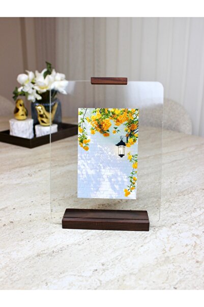 Limon Dekor Doğal Ceviz Ahşap Standlı Şeffaf Pleksi Fotoğraf Çerçevesi - Çift Taraflı Yüzer Çerçeve, 10x15 ve 15x21 cm Uyumlu Anı Sergileme Standı (19x24 cm)