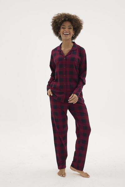 KLY Women's Plum Plaid Patterned Front Buttoned Shirt Collar Pajama Set C0T0N162