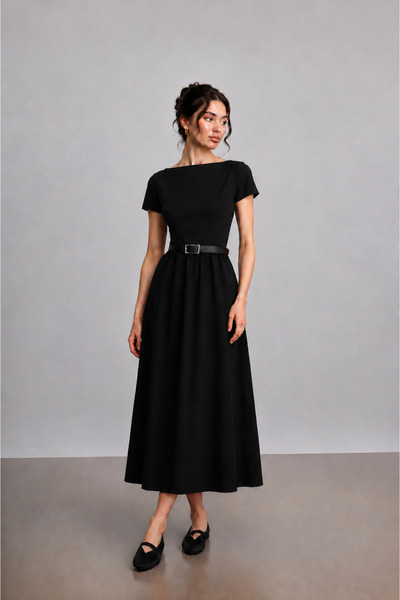 Women's Belted Short Sleeve Long Poplin Dress - Sevde Ugur