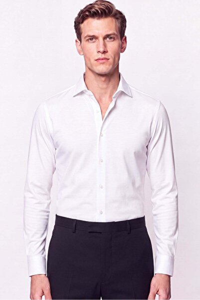 Efor Slim Fit Italian Collar 100% Cotton Satin Plain White Shirt Gk 759