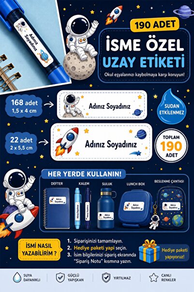 WALLHUMAN 190 Adet İsme Özel Uzay Okul Etiketi Seti – Suya Dayanıklı İsim Eti...