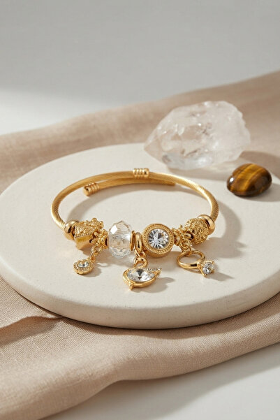 deluxe takı ve giyim Swan Model Gold Color White Charm Bracelet