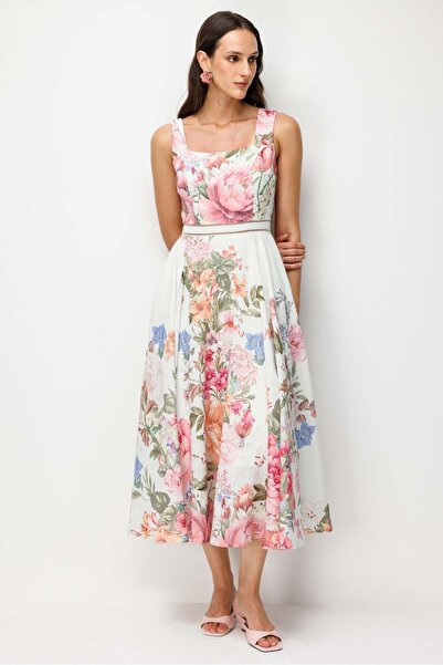 Nefeli Floral Desenli Kare Yaka Midi Elbise EKRU