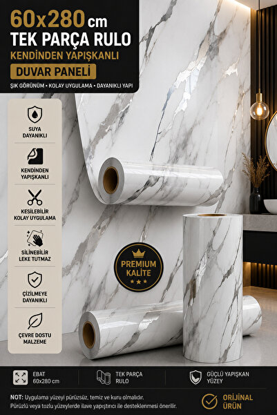 UKAB DEKOR 60x280 Cm Beyaz Gümüş Kendinden Yapışkanlı Pratik Seramik Dekorati...