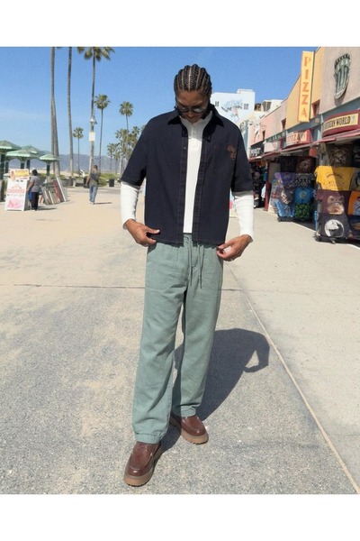 DAMGA JEANS Men's High Waist Casual Elastic Green Linen Trousers