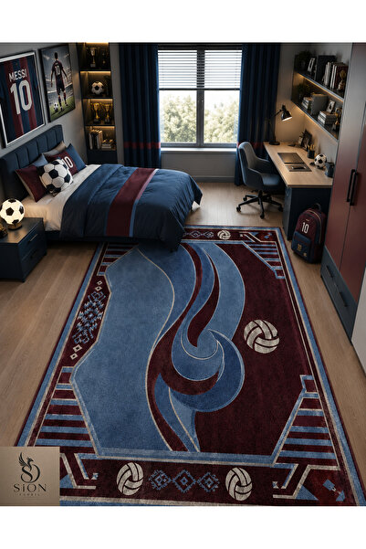 SionFabric Yıkanabilir Bordo Mavi Çocuk Odası Halı Kaymaz Taban Leke Tutmaz