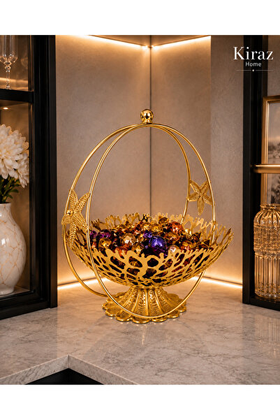 KİRAZHOME Lüks Büyük Boy Gold Metal Şekerlik Dekoratif Sunumluk İkram Sepeti