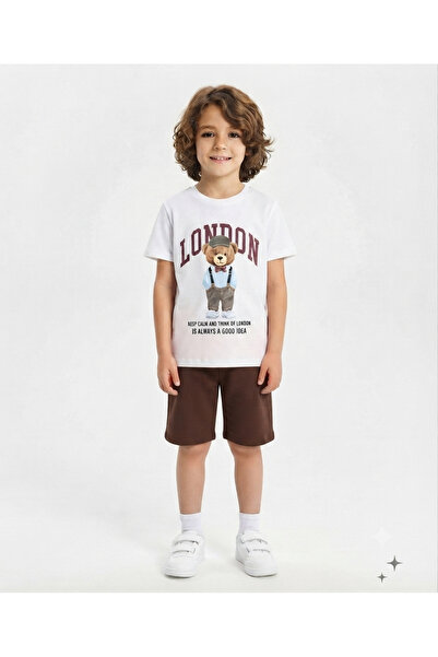 LİTTLE TORTOİSE Boys' London Teddy Bear Printed Crew Neck T-Shirt and Shorts Set