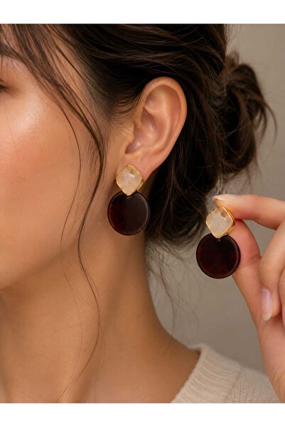 mz mazalinda Natural Stone Detailed Brown Round Dangle Earrings Gold Plated W...