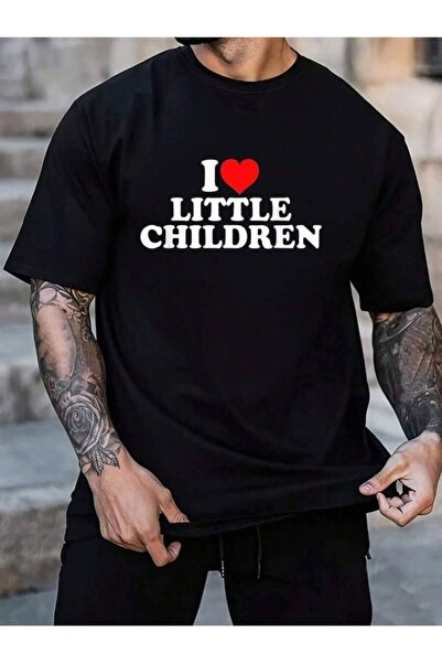 4Car تي شيرت رجالي أسود للعطلات من القطن 100% بطبعة I Love Little Children، ب...