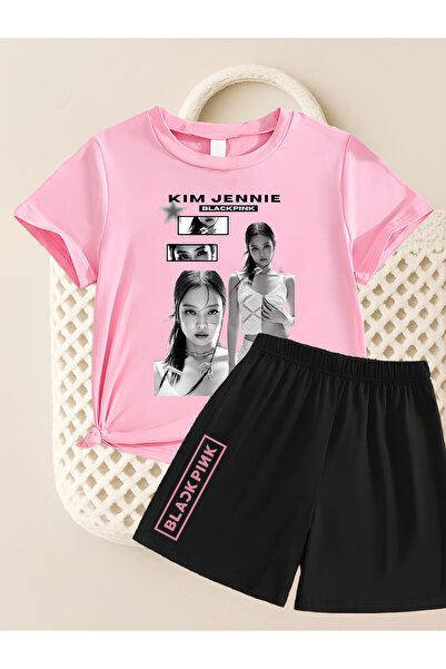 MAGORS طقم تي شيرت وشورت قصير الأكمام من القطن المطبوع من JISOO من BLACKPINK ...