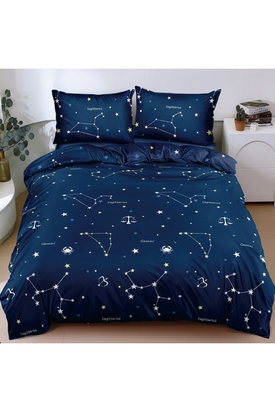 decorami Lenjerie pat dublu cu Elastic, bumbac satinat, albastru, stele