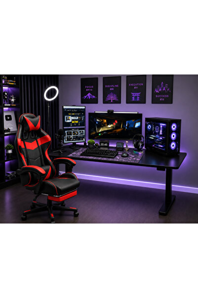 Setup كمبيوتر ألعاب فاخر مع RTX 5060، معالج I5 14400F، ذاكرة وصول عشوائي 16 جيجابايت، تخزين 1 تيرابايت، شاشتان، كرسي، طاولة، وهدايا (لوحة مفاتيح، ماوس، سماعة رأس، كاميرا ويب، ميكروفون)