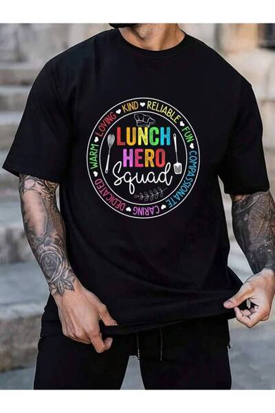 45 BPM تي شيرت رجالي أسود 100% قطن بطباعة 'Hero Funny Lunch Lady School Cafet...