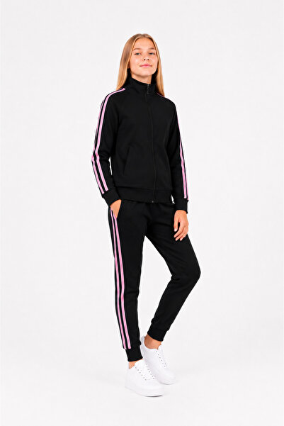 Marco Ferry Girl's Cotton Stand Collar Tracksuit Set Black-26112