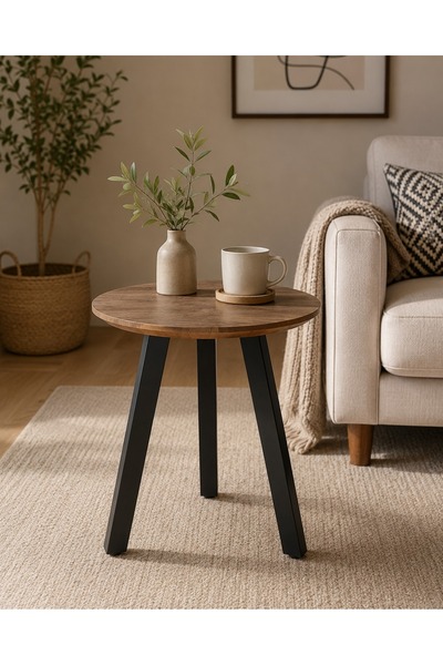 N.zone Modern Round Side Table with Durable Wooden Top and Sturdy Metal Frame...