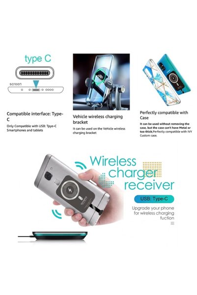 QUANDES Receptor de încărcare wireless QI, încărcător rapid de 5V/2A 10W cu conector Type-C, compatibil cu telefoanele USB Type-C