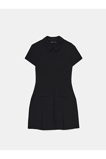 NO BRAND Rochie mini clasică neagră uni, cu mânecă scurtă și guler cu fermoar 32