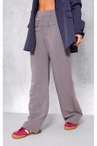 NO BRAND Pantaloni clasici gri cu picior larg și talie dublă Prettylittlethin...