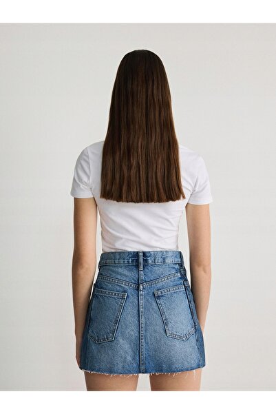 NO BRAND Fustă mini albastră din denim clasic, bumbac, cu fermoar, Reserve XL