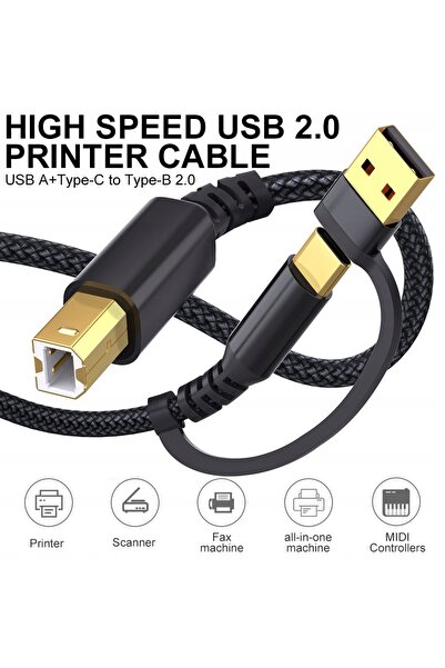 NO BRAND Cablu Midi USB B la USB C/A 2 în 1 pentru PC, tastatură, imprimantă, 5m