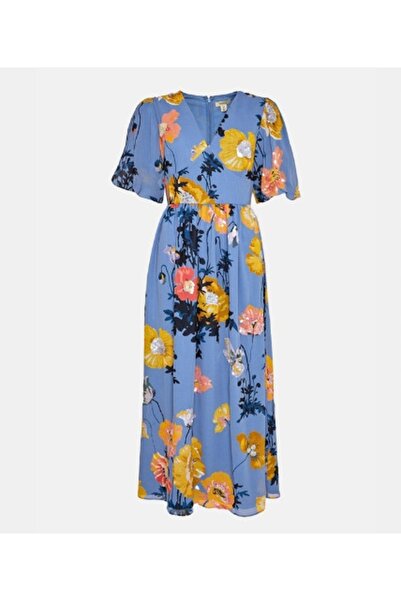 NO BRAND Rochie lungă clasică albastră cu paiete, model floral Zor, cu fermoa...