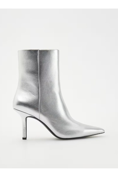 NO BRAND Botine argintii metalice din piele ecologică, cu vârf ascuțit și fer...