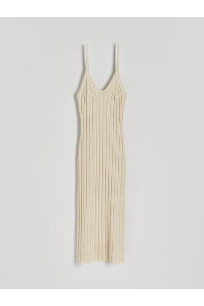 NO BRAND Rochie tricotată crem cu bretele, cu paiete decorative, din bumbac ș...