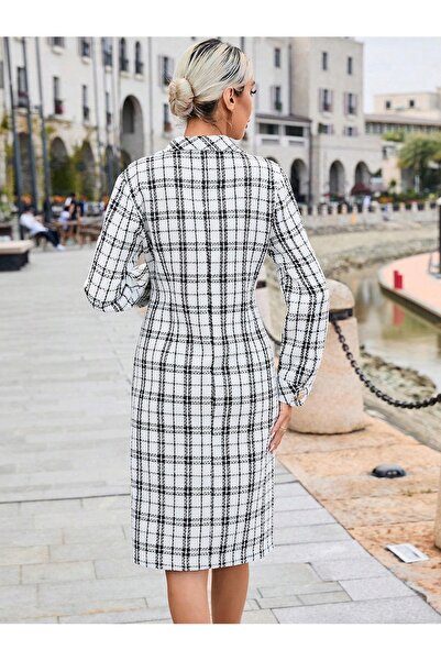 NO BRAND Shein Rochie tip sacou, mărimea L, albă, cu imprimeu în carouri, mid...
