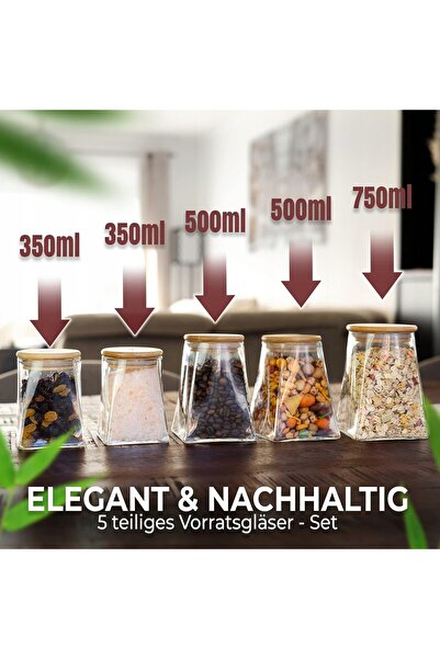 NO BRAND Set 5 borcane de sticlă pentru depozitare, etanșe, model Piramide