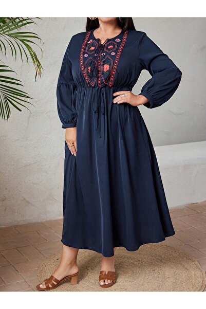 NO BRAND Rochie florală bleumarin cu broderie roșie, mărime mare, Shein 50