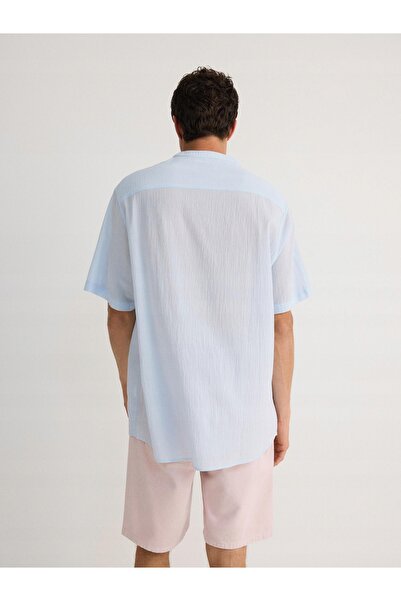 NO BRAND Cămașă albastră cu nasturi, mâneci scurte, uni, clasică, guler tunic...