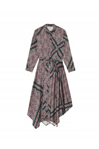 NO BRAND Rochie midi asimetrică cu imprimeu animal, cu mânecă lungă, 36