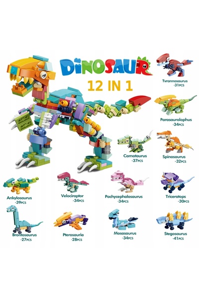 NO BRAND Set de construcție cu dinozauri 12 în 1, creativ și educativ, din AB...