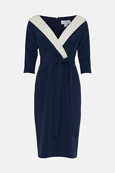 NO BRAND Rochie dreaptă midi bleumarin, cu mâneci trei sferturi, detaliu deco...